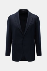 Front view of Tagliatore Cashmere Sakko 'Monte Carlo' navy, a slim fit, unconstructed two-button jacket with a soft cashmere fabric, notch lapels with brand pin, chest pocket, patch hip pockets, unfinished sleeve cuffs, and rear side vents.