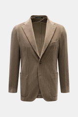 Tagliatore Cord Blazer taupe shown from the front, slim fit with soft cotton-wool corduroy, unconstructed design, two-button, notched lapel, breast pocket, patch hip pockets, unfinished sleeve cuffs, rear vents, and three inner pockets.
