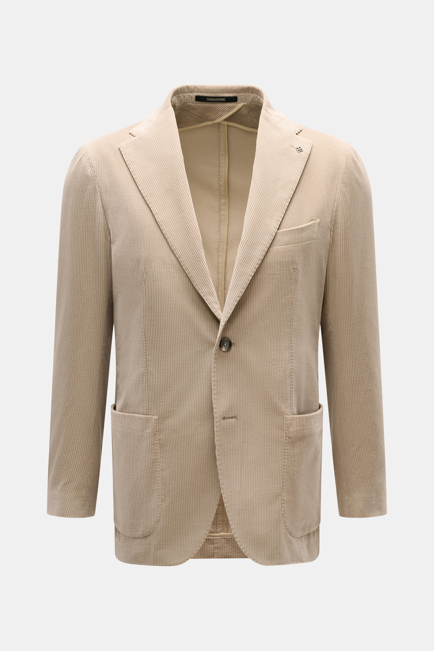 Tagliatore Cordsakko beige, Frontaufnahme, Slim Fit Unconstructed-Sakko aus softem Baumwoll-Cord mit fallendem Revers, zwei Knöpfen, Brust- und Hüfttaschen, Pin am Revers.