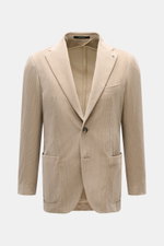 Front view of the Tagliatore Cord Blazer beige in soft cotton-wool corduroy, slim fit with two-button style, notched lapel, patch hip pockets, breast pocket, unfinished sleeve cuffs, rear side vents, three inner pockets, and unconstructed design for a sof