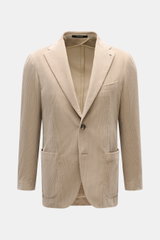 Front view of the Tagliatore Cord Blazer beige in soft cotton-wool corduroy, slim fit with two-button style, notched lapel, patch hip pockets, breast pocket, unfinished sleeve cuffs, rear side vents, three inner pockets, and unconstructed design for a sof