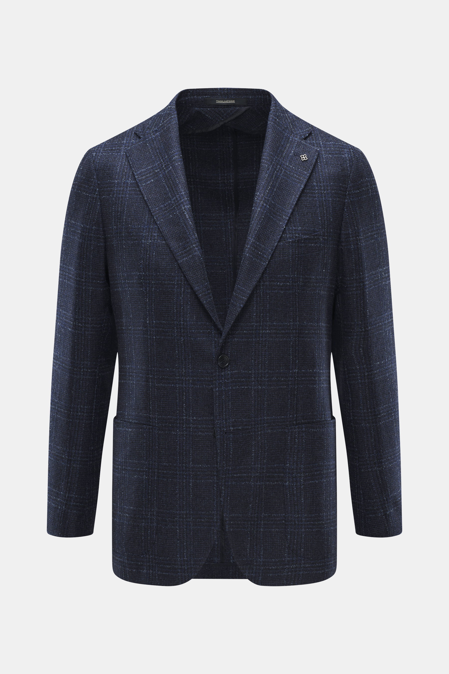 Tagliatore Blazer navy/black checked shown from the front, slim fit with Prince of Wales pattern, mix of virgin wool and microfiber, soft feel, tailored two-button style, notched lapel with brand pin, classic breast pocket, patch hip pockets, rear side ve
