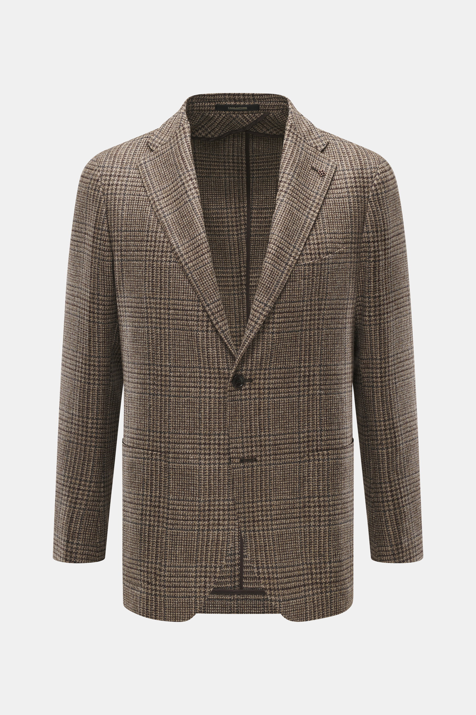 Tagliatore Sakko dunkelgrau/taupe kariert, Frontansicht, Slim Fit, Mix aus Schurwolle und Cashmere, weicher Griff, Prince-of-Wales Muster, taillierter Zwei-Knopf-Stil, fallendes Revers mit markentypischem Pin, klassische Brusttasche, aufgesetzte Hüfttasch