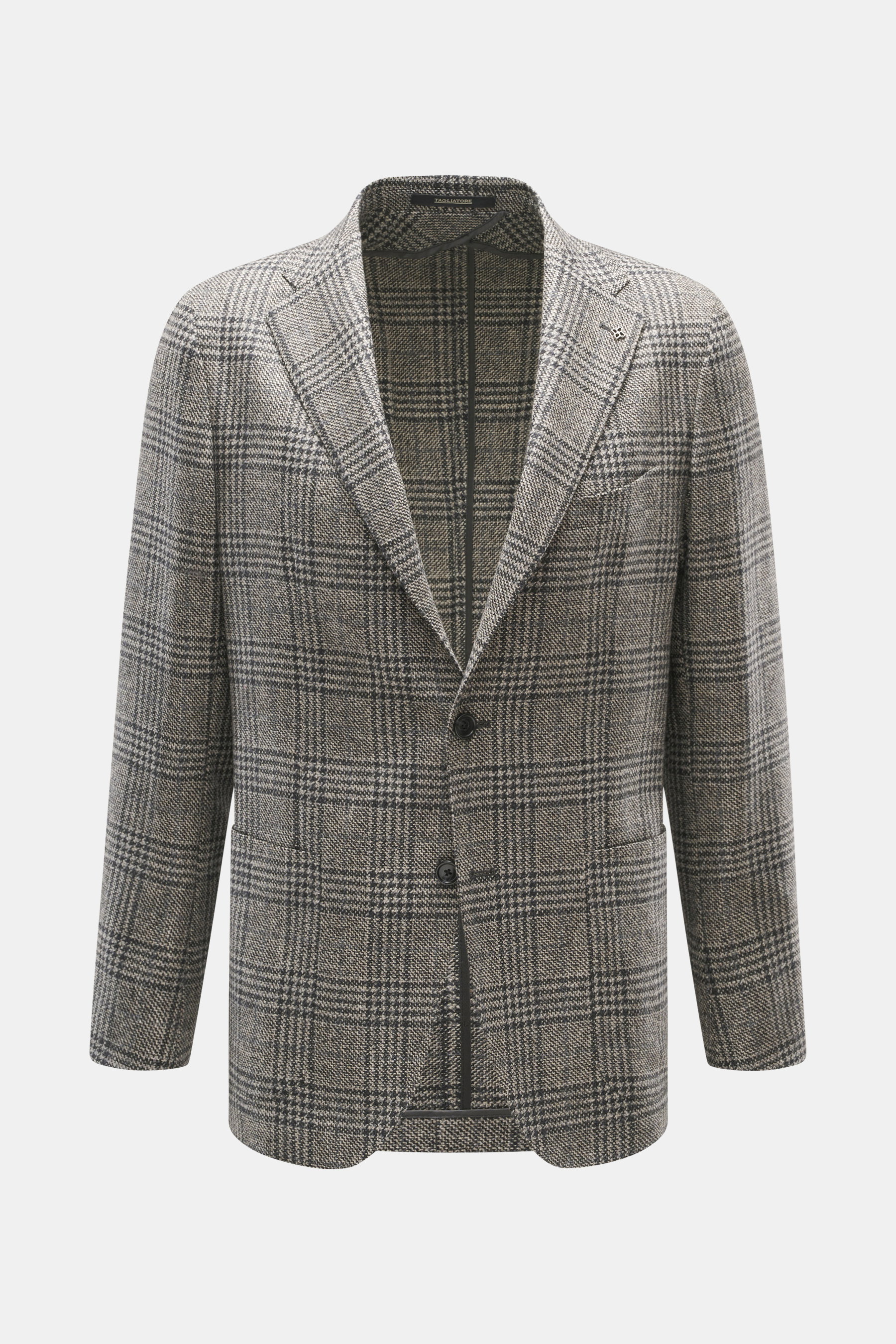 Tagliatore Blazer grey/black checked shown from the front, slim fit tailored two-button style in a mix of virgin wool and cashmere, soft touch, Prince of Wales pattern, notched lapel with brand pin, classic breast pocket, patch hip pockets, rear side vent