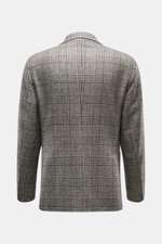 Tagliatore Blazer grey/black checked shown from the back, slim fit with Prince of Wales pattern, mix of virgin wool and cashmere, soft touch, tailored two-button style, notched lapel with brand-typical pin, classic breast pocket, patch hip pockets, rear s