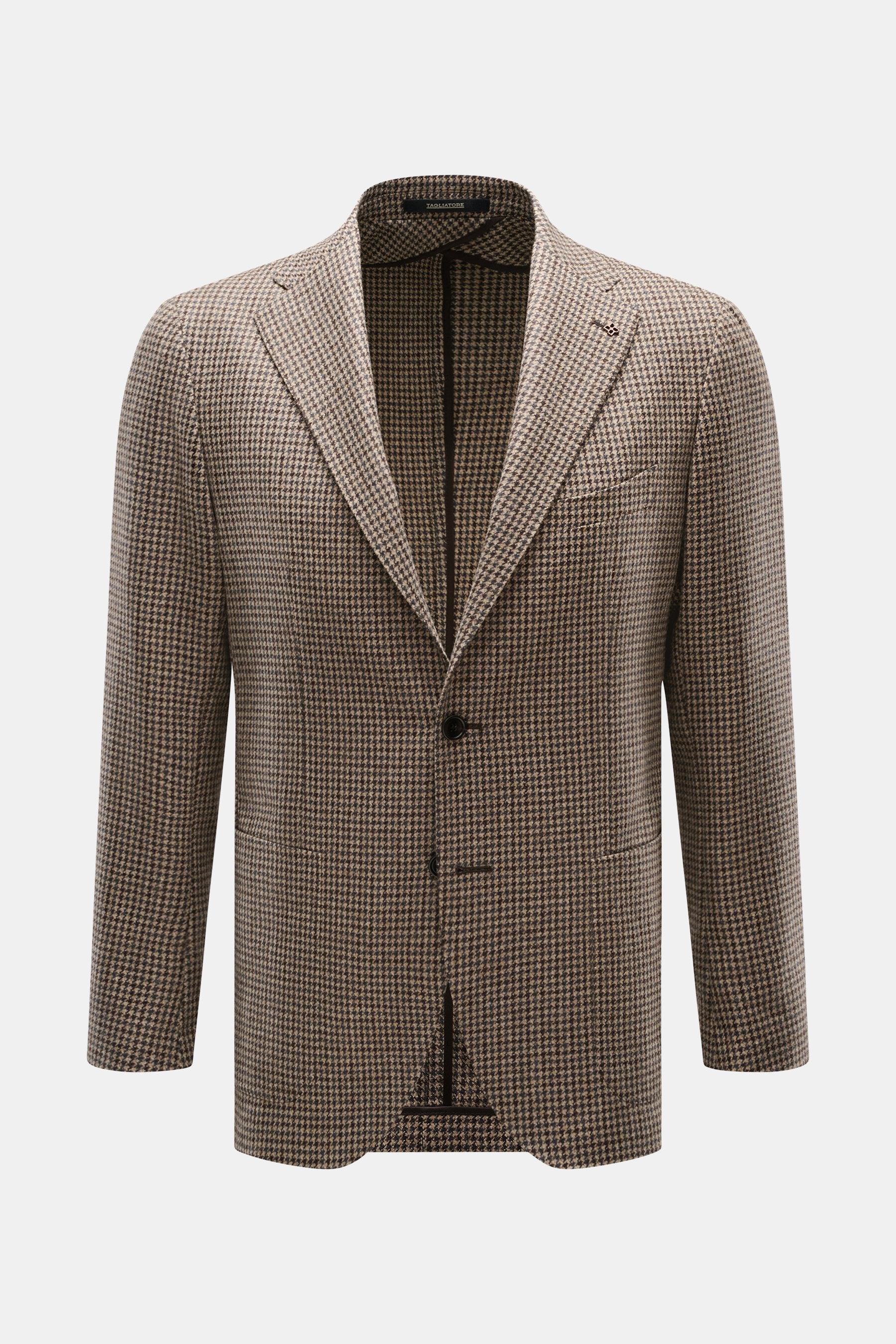 Tagliatore Sakko beige/dunkelbraun/navy gemustert, Slim Fit, Hahnentrittmuster, zwei Knöpfe, fallendes Revers, Brust- und Hüfttaschen, Unconstructed Design, frontal fotografiert.