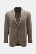 Front view of Tagliatore Blazer beige/dark brown/navy patterned in slim fit with timeless houndstooth pattern, notched lapel, two-button style, classic breast and patch hip pockets, rear side vents, unconstructed design, and brand-typical pin on the lapel