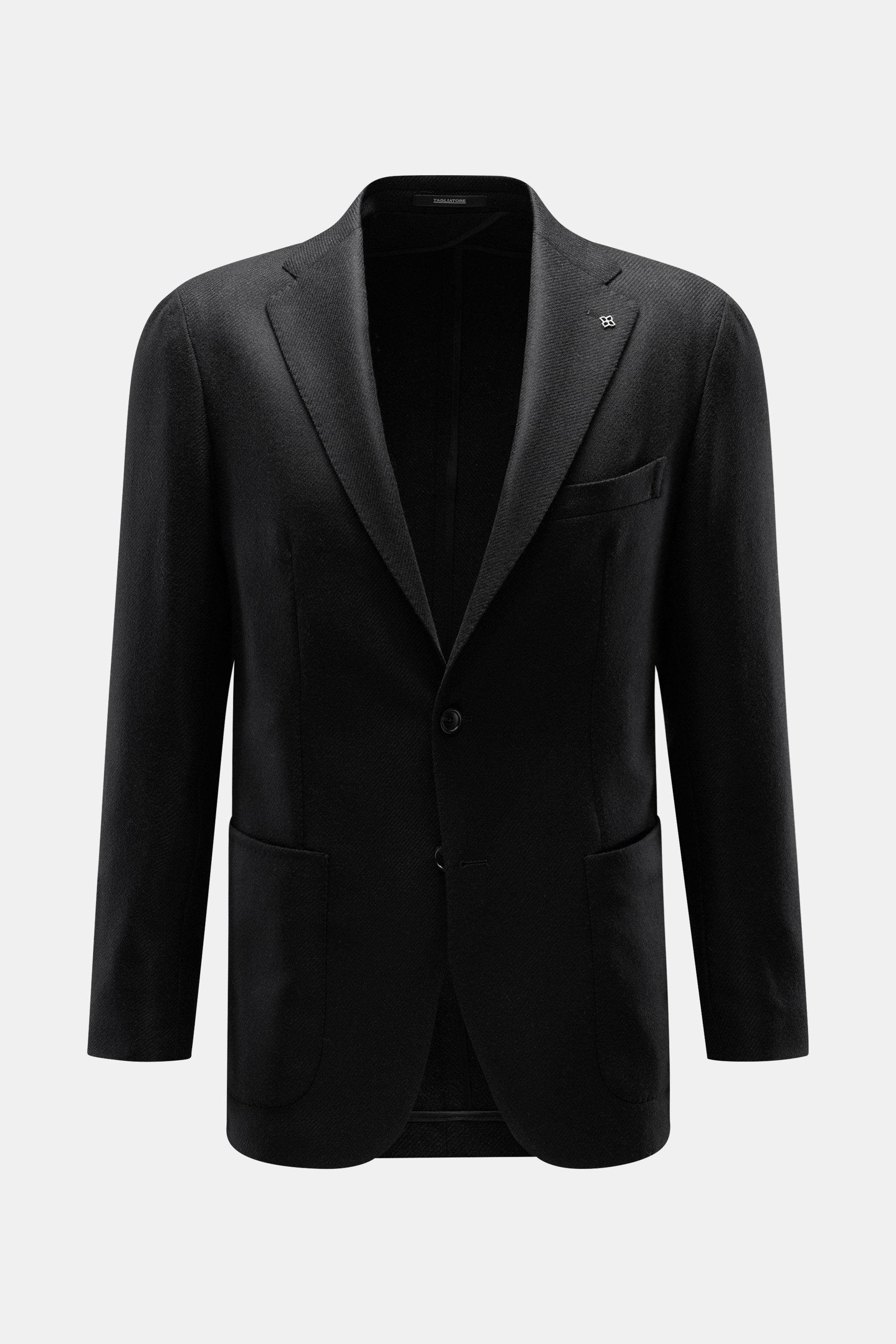 Front view of Tagliatore Black Blazer in black wool with cashmere, slim fit, tailored two-button style, notched lapel, patch hip pockets.