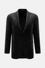 Front view of Tagliatore Black Blazer in black wool with cashmere, slim fit, tailored two-button style, notched lapel, patch hip pockets.