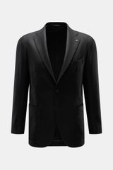 Front view of Tagliatore Black Blazer in black wool with cashmere, slim fit, tailored two-button style, notched lapel, patch hip pockets.