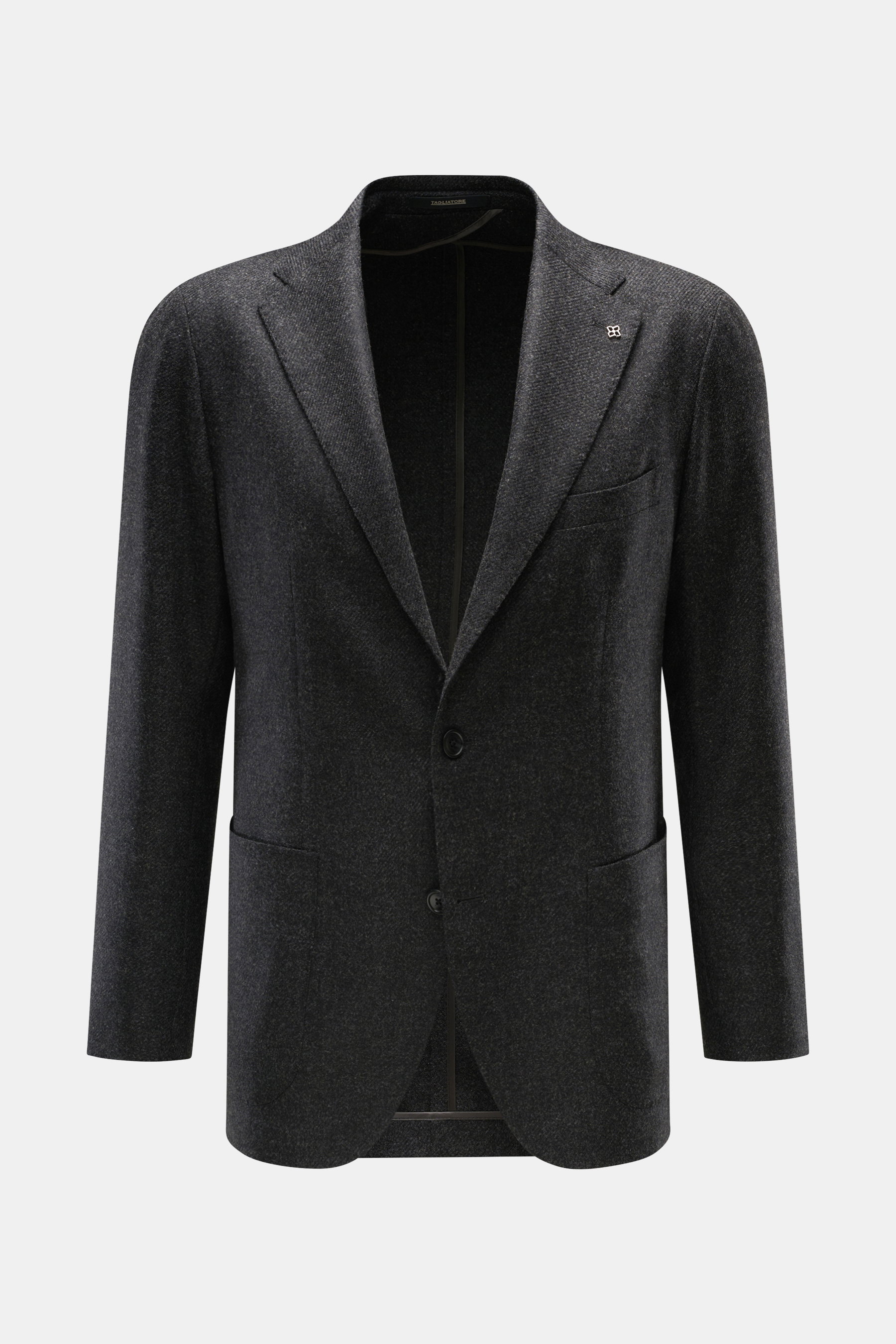 Front view of Tagliatore Dark Grey Melange Blazer in fine wool with cashmere, slim fit, two-button, notched lapel, patch hip pockets.

Description: <p>The unconstructed craftsmanship made from fine wool with cashmere makes this blazer by TAGLIATORE an exc