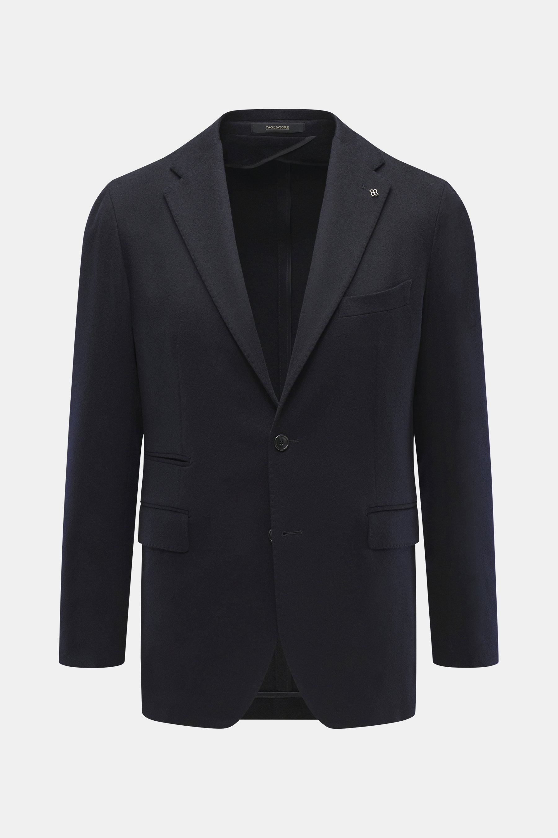 Tagliatore Cashmere Sakko dark navy in Slim Fit, frontale Ansicht, aus reinem Cashmere, Unconstructed Design, weicher Griff, taillierter Zwei-Knopf-Stil mit fallendem Revers, markentypischer Pin am Revers, Brusttasche, paspelierte Billett-Tasche, Hüfttasc