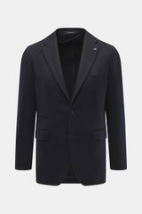 Front view of Tagliatore Cashmere Blazer dark navy, a slim fit, tailored two-button style with notched lapel, brand pin, breast pocket, ticket pocket, flap hip pockets, unfinished cuffs, rear vents, and three inner pockets made from pure soft cashmere.