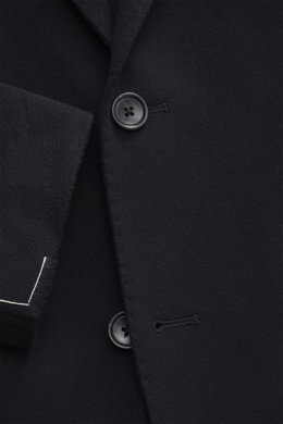 Close-up front view of the Tagliatore Cashmere Blazer dark navy, highlighting the soft pure cashmere fabric, single button, and unconstructed craftsmanship. The lightweight blazer features a slim fit, tailored two-button style, notched lapel with brand-ty