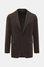Tagliatore Cashmere Blazer Dark Brown front view, slim fit unconstructed pure cashmere blazer with soft touch, notched lapel, two-button style, breast pocket, piped ticket pocket, hip flap pockets, unfinished cuffs, rear vents, lapel pin, and three inner 
