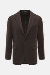 Tagliatore Cashmere Blazer Dark Brown front view, slim fit unconstructed pure cashmere blazer with soft touch, notched lapel, two-button style, breast pocket, piped ticket pocket, hip flap pockets, unfinished cuffs, rear vents, lapel pin, and three inner 
