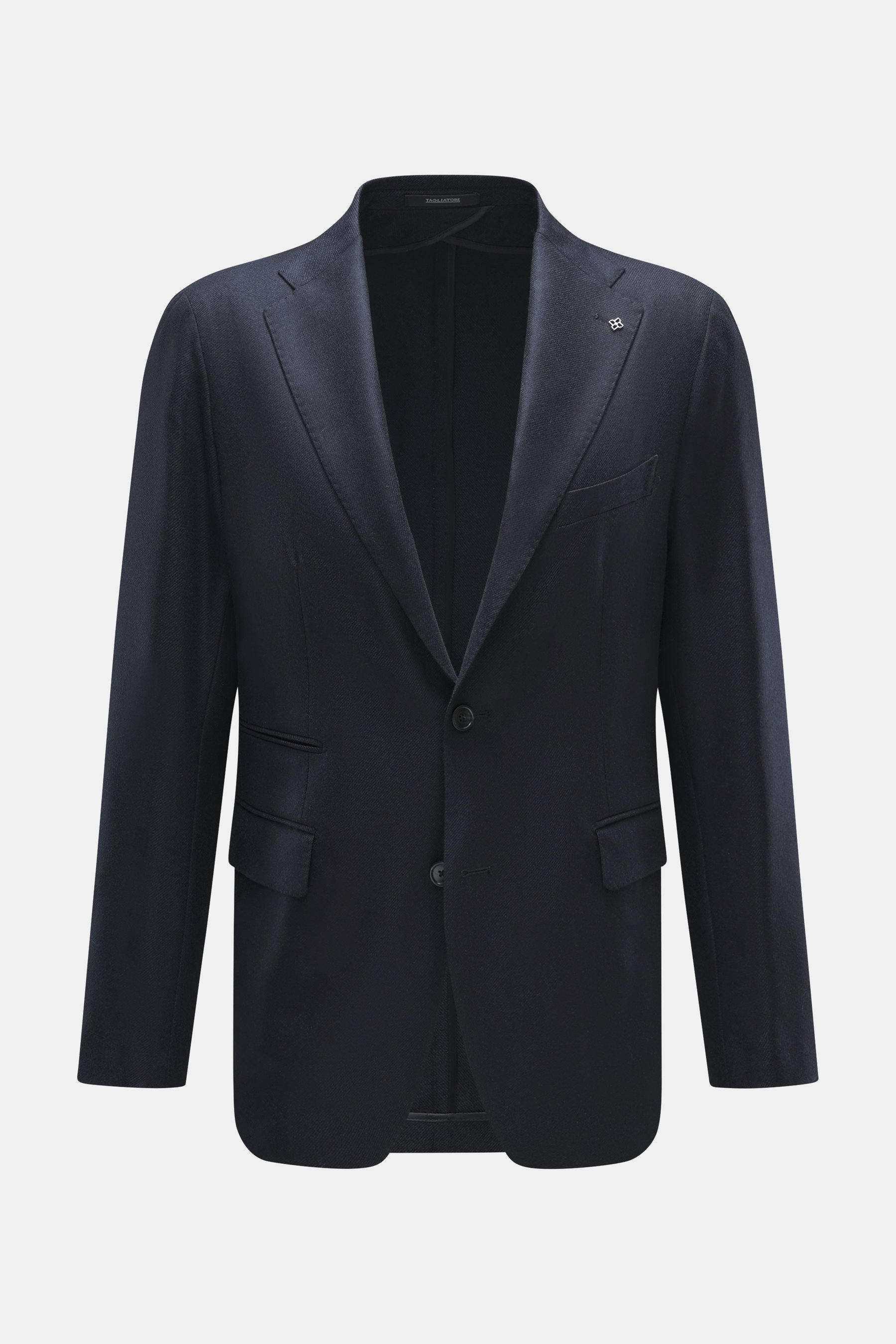 Tagliatore Navy Blazer front view in navy wool with cashmere, soft touch, slim fit, tailored two-button style, notched lapel with pin, breast pocket, patch hip pockets, unfinished sleeve cuffs, back side vents, unconstructed design, three inner pockets.
