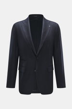 Tagliatore Navy Blazer front view in navy wool with cashmere, soft touch, slim fit, tailored two-button style, notched lapel with pin, breast pocket, patch hip pockets, unfinished sleeve cuffs, back side vents, unconstructed design, three inner pockets.