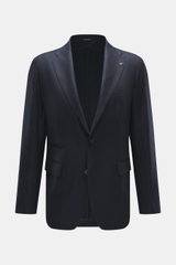 Tagliatore Navy Blazer front view in navy wool with cashmere, soft touch, slim fit, tailored two-button style, notched lapel with pin, breast pocket, patch hip pockets, unfinished sleeve cuffs, back side vents, unconstructed design, three inner pockets.