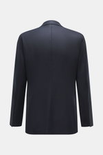 Tagliatore Navy Blazer shown from the back, wool with cashmere, soft touch, slim fit, tailored two-button style, notched lapel, brand pin, classic breast pocket, patch hip pockets, unfinished sleeve cuffs, back side vents, unconstructed design, three inne