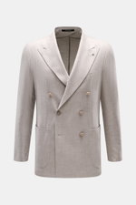 Front view of the Tagliatore Taupe Melange Blazer, a slim-fit, double-breasted three-button blazer in a soft virgin wool-cashmere blend with peaked lapel, signature pin, breast pocket, patch hip pockets, unfinished sleeve cuffs, rear vents, half lining, a