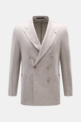 Front view of the Tagliatore Taupe Melange Blazer, a slim-fit, double-breasted three-button blazer in a soft virgin wool-cashmere blend with peaked lapel, signature pin, breast pocket, patch hip pockets, unfinished sleeve cuffs, rear vents, half lining, a