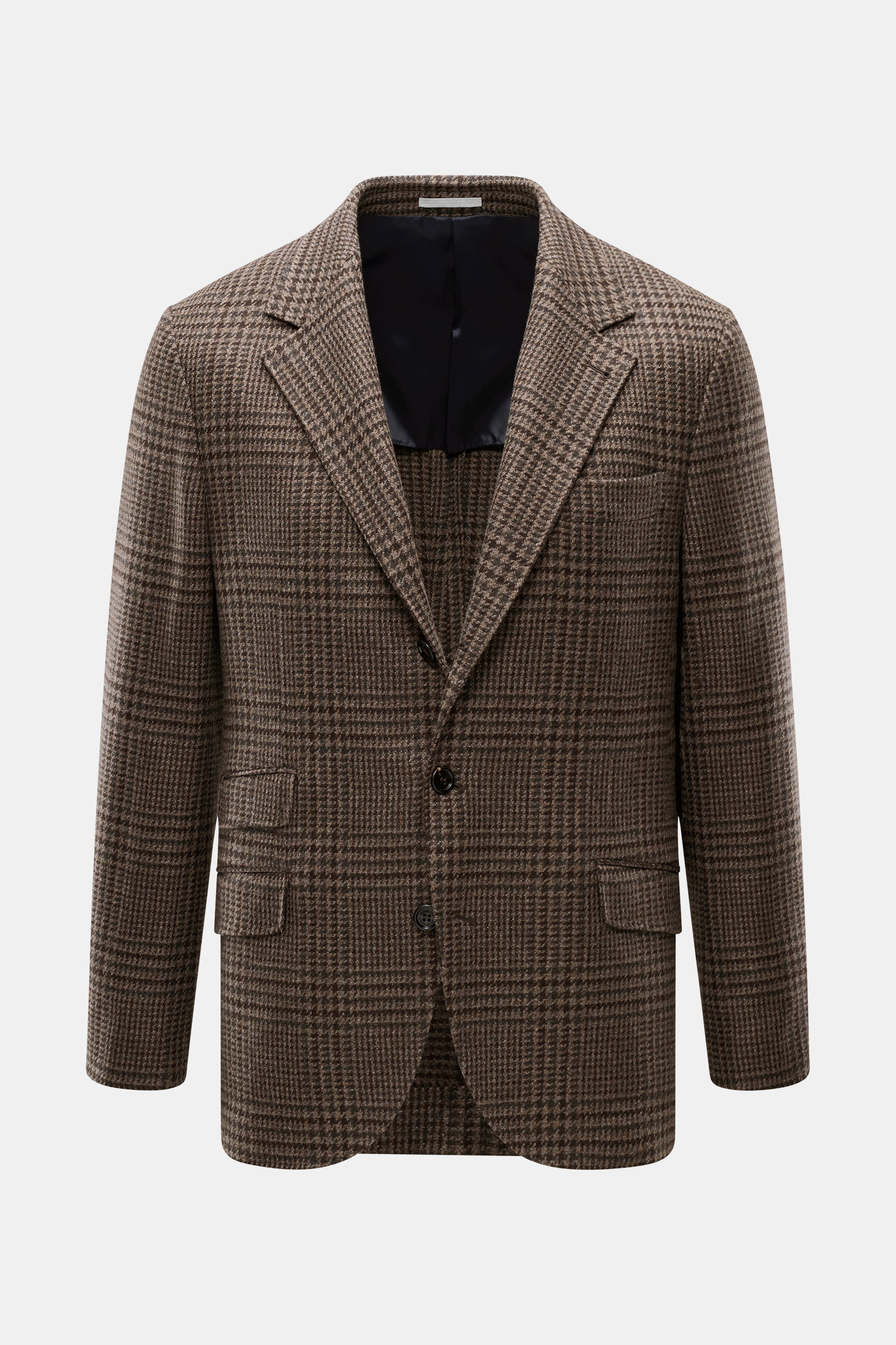 Front view of Brunello Cucinelli Blazer navy/black checkered, slim fit, virgin wool with cashmere, soft touch, tailored three-button style, notched lapel, classic breast pocket, hip and ticket pockets with flap, unfinished sleeve cuffs, back side vents, h