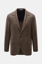 Front view of Brunello Cucinelli Blazer navy/black checkered, slim fit, virgin wool with cashmere, soft touch, tailored three-button style, notched lapel, classic breast pocket, hip and ticket pockets with flap, unfinished sleeve cuffs, back side vents, h