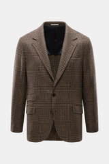 Front view of Brunello Cucinelli Blazer navy/black checkered, slim fit, virgin wool with cashmere, soft touch, tailored three-button style, notched lapel, classic breast pocket, hip and ticket pockets with flap, unfinished sleeve cuffs, back side vents, h