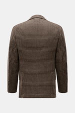 Brunello Cucinelli Blazer navy/black checkered shown from back, virgin wool with cashmere, soft touch, slim fit, tailored three-button style, notched lapel, classic breast pocket, hip and ticket pockets with flap, unfinished sleeve cuffs, back side vents,