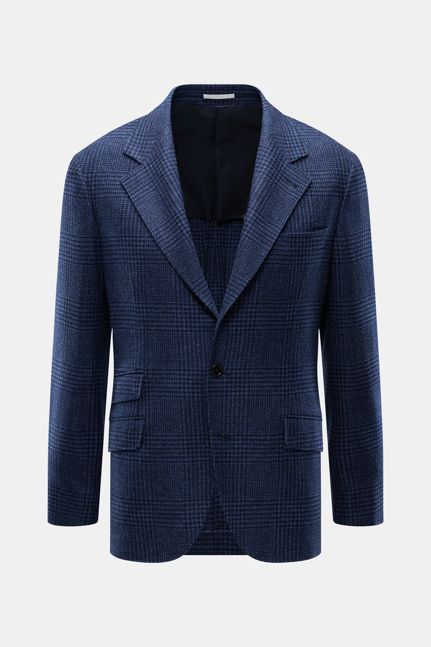Brunello Cucinelli Blazer navy/black checkered front view, slim fit, virgin wool with cashmere, soft touch, tailored three-button style, notched lapel, classic breast pocket, hip pockets with flap, ticket pocket with flap, unfinished sleeve cuffs, back si