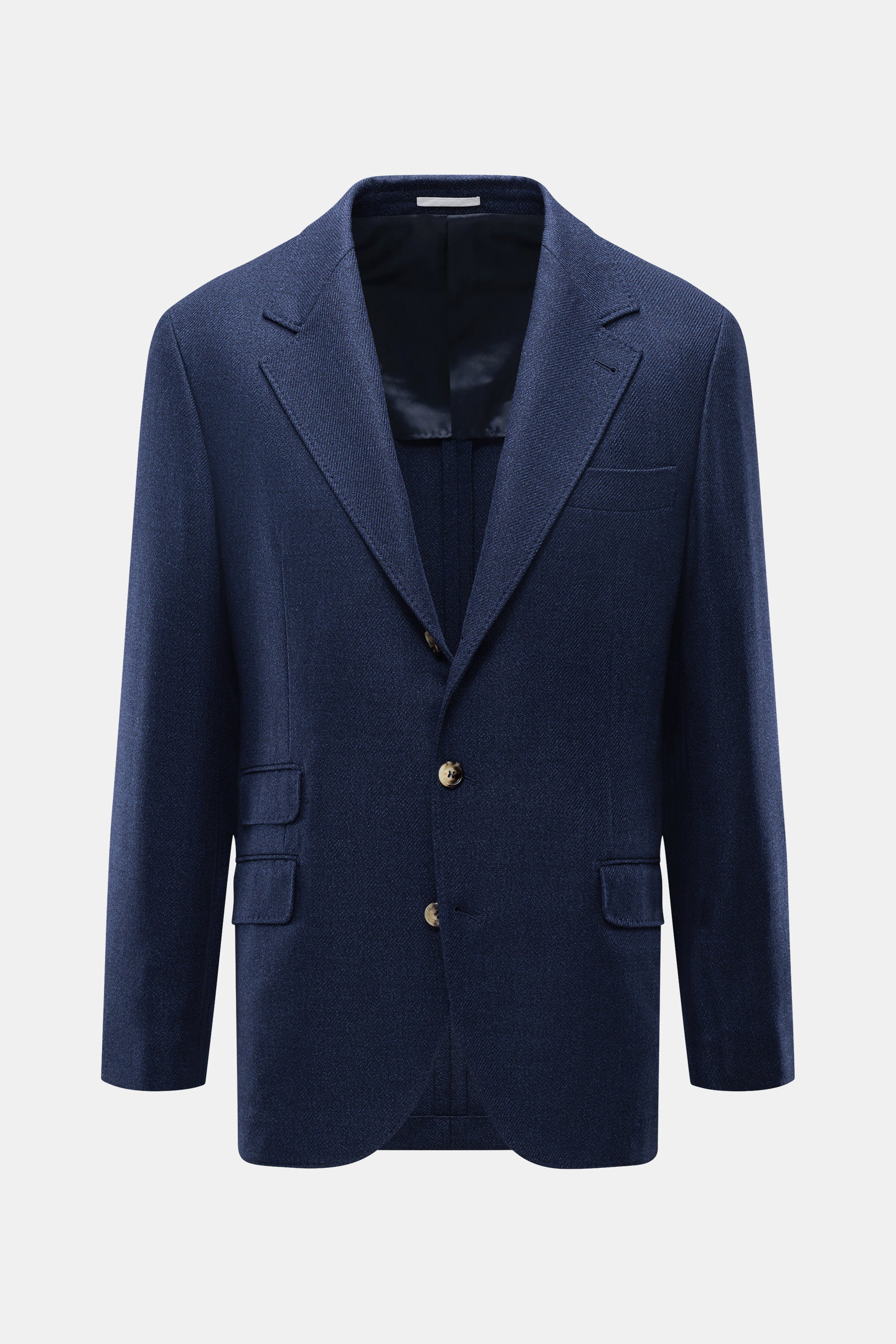 Front view of Brunello Cucinelli Navy Melange Blazer in pure virgin wool, slim fit, soft touch, tailored three-button style, notched lapel, classic breast pocket, hip and ticket pockets with flaps, unfinished sleeve ends, rear side vents, half lined, thre