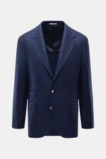 Brustansicht des taillierten Brunello Cucinelli Sakko navy meliert aus reiner Schurwolle, Slim Fit, weicher Griff, mit fallendem Revers, drei Knöpfen, Brusttasche, Hüfttaschen mit Patte, Billett-Tasche, unfertigen Ärmelabschlüssen, halb gefüttert, Seitens