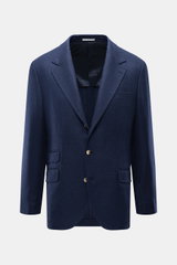 Brustansicht des taillierten Brunello Cucinelli Sakko navy meliert aus reiner Schurwolle, Slim Fit, weicher Griff, mit fallendem Revers, drei Knöpfen, Brusttasche, Hüfttaschen mit Patte, Billett-Tasche, unfertigen Ärmelabschlüssen, halb gefüttert, Seitens