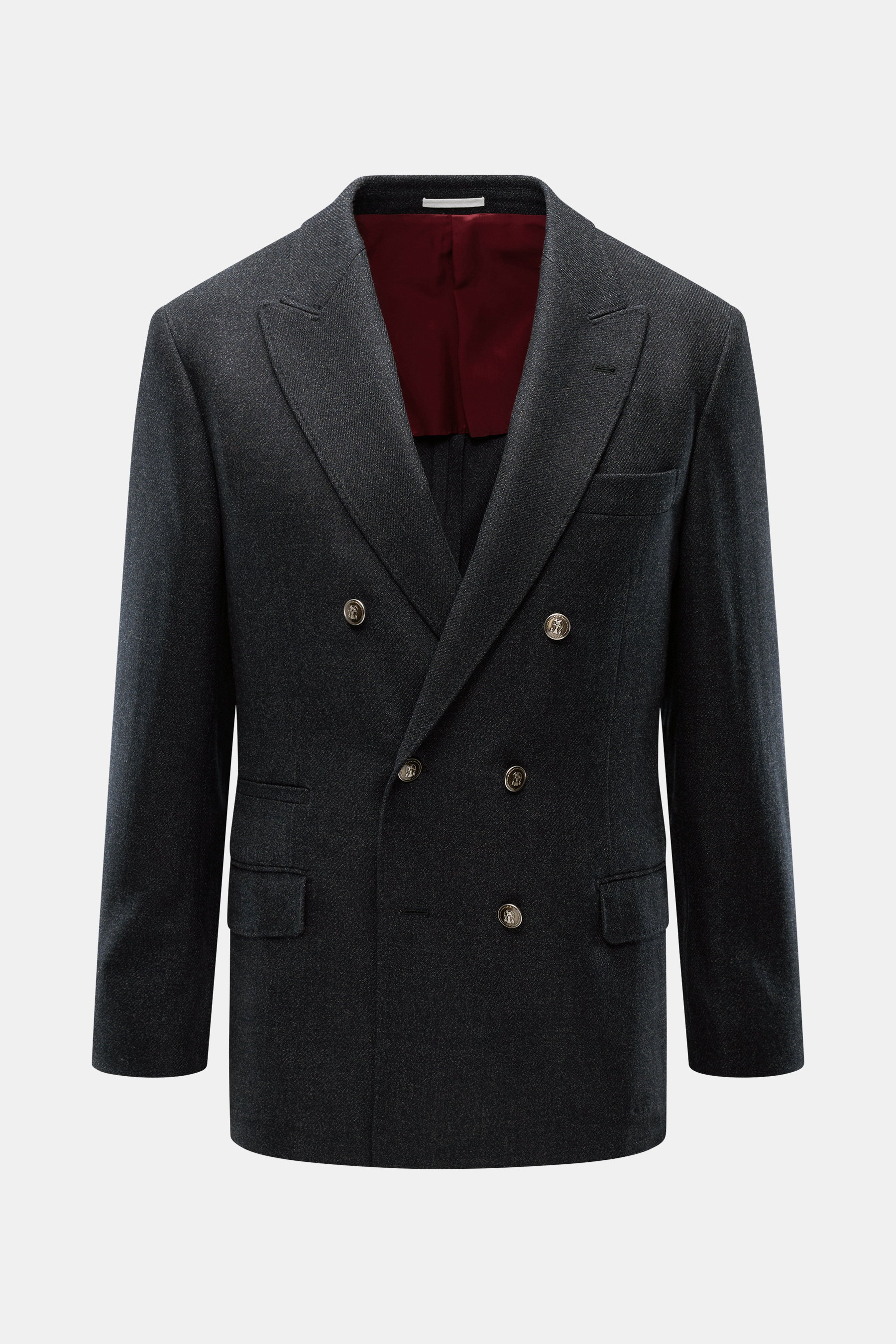 Front view of Brunello Cucinelli Anthracite Melange Blazer in pure virgin wool with soft feel, distinctive weave, slim fit, double-breasted three-button style, buttons with crest, notch lapel, classic breast pocket, hip pockets with flap, small ticket poc