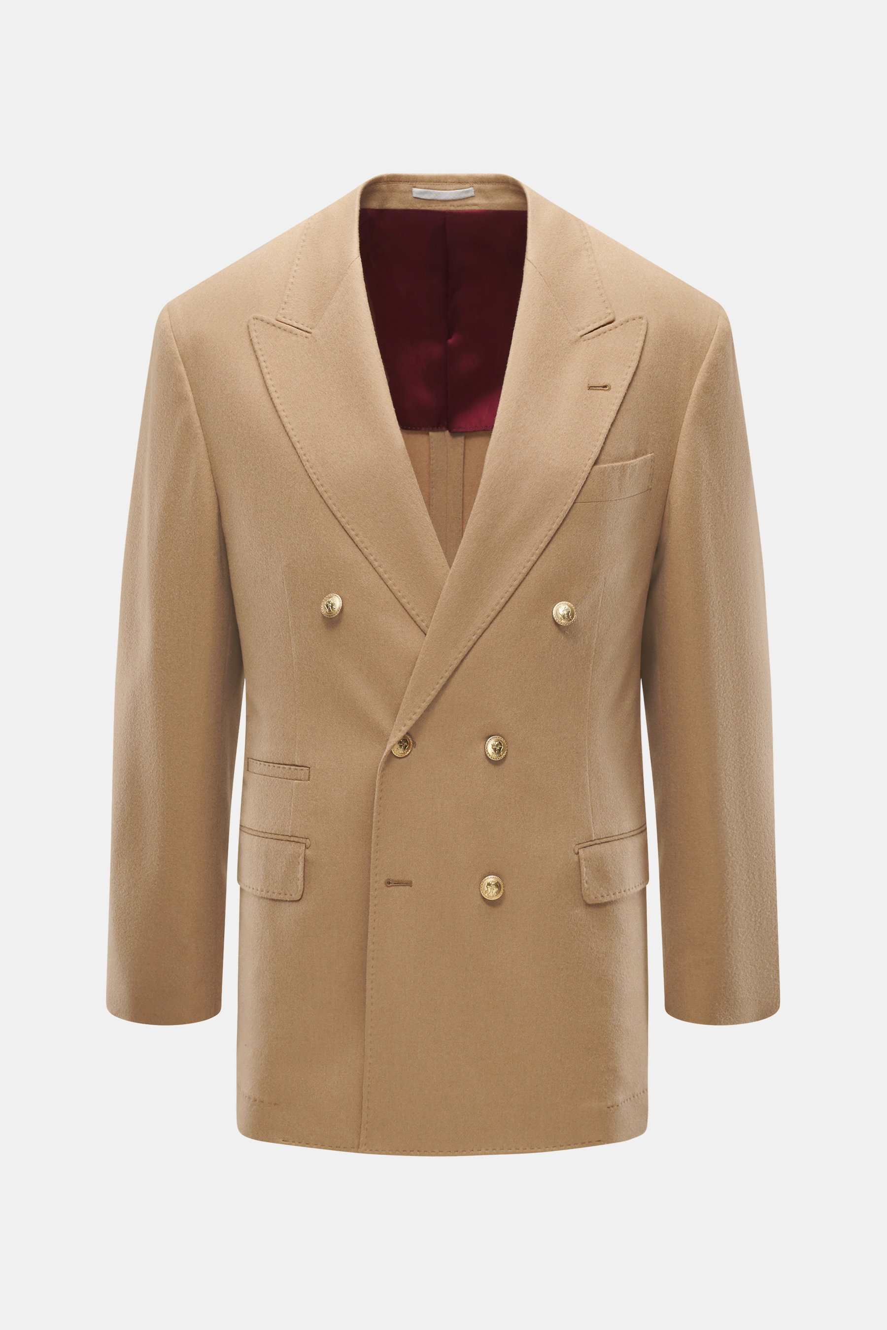 Front view of Brunello Cucinelli Camel Hair Blazer camel, slim fit, pure camel hair, very soft touch, double-breasted three-button, peak lapel, classic breast pocket, hip pockets with flap, small ticket pocket, sleeve cuffs unfinished, rear side vents, ha