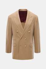 Front view of Brunello Cucinelli Camel Hair Blazer camel, slim fit, pure camel hair, very soft touch, double-breasted three-button, peak lapel, classic breast pocket, hip pockets with flap, small ticket pocket, sleeve cuffs unfinished, rear side vents, ha