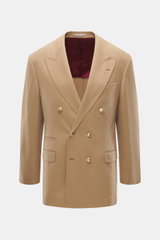 Front view of Brunello Cucinelli Camel Hair Blazer camel, slim fit, pure camel hair, very soft touch, double-breasted three-button, peak lapel, classic breast pocket, hip pockets with flap, small ticket pocket, sleeve cuffs unfinished, rear side vents, ha
