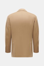 Brunello Cucinelli Camel Hair Blazer camel shown from the back, pure camel hair, very soft touch, Slim Fit, double-breasted three-button style, peak lapel, classic breast pocket, hip pockets with flap, small ticket pocket, sleeve cuffs unfinished, rear si
