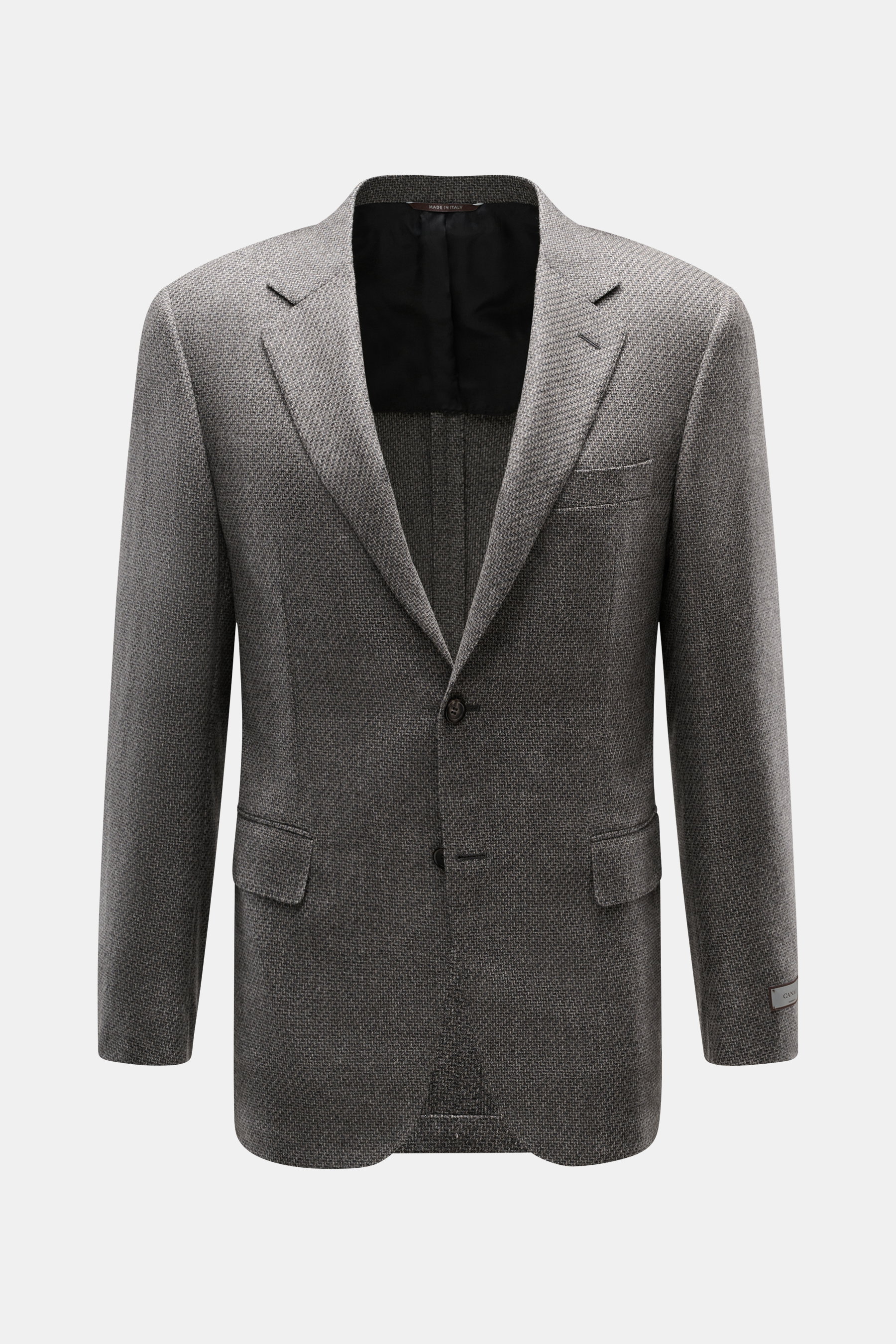 Front view of Canali Blazer grey patterned in pure wool, distinctive woven pattern, soft touch, slim fit, tailored two-button style with notched lapel, classic breast pocket, hip pockets with flap, sleeve ends unfinished, rear side vents, unconstructed de