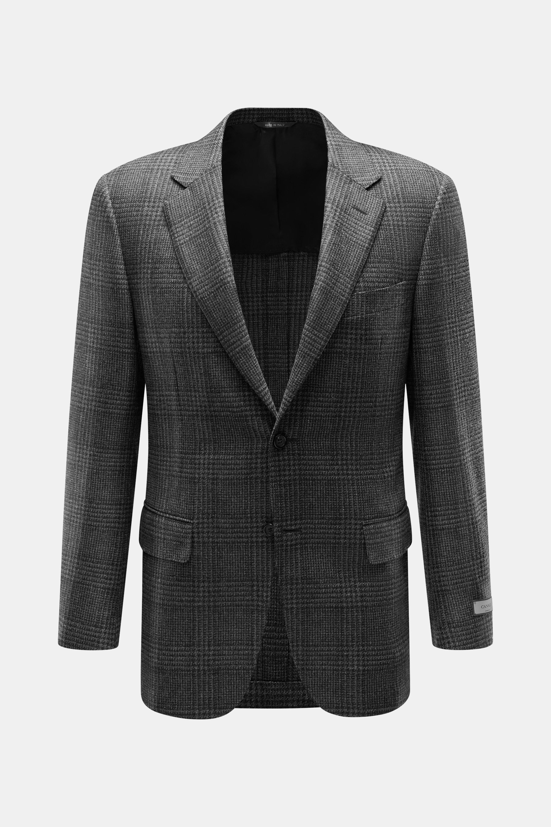 Front view of Canali Blazer Dark Grey/Grey Checked showcasing a slim fit, pure wool fabric with Prince-of-Wales pattern, soft touch, tailored two-button style, notched lapel, classic breast pocket, hip flap pockets, unfinished sleeve cuffs, rear side vent
