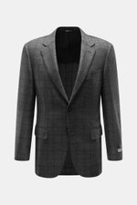 Front view of Canali Blazer Dark Grey/Grey Checked showcasing a slim fit, pure wool fabric with Prince-of-Wales pattern, soft touch, tailored two-button style, notched lapel, classic breast pocket, hip flap pockets, unfinished sleeve cuffs, rear side vent