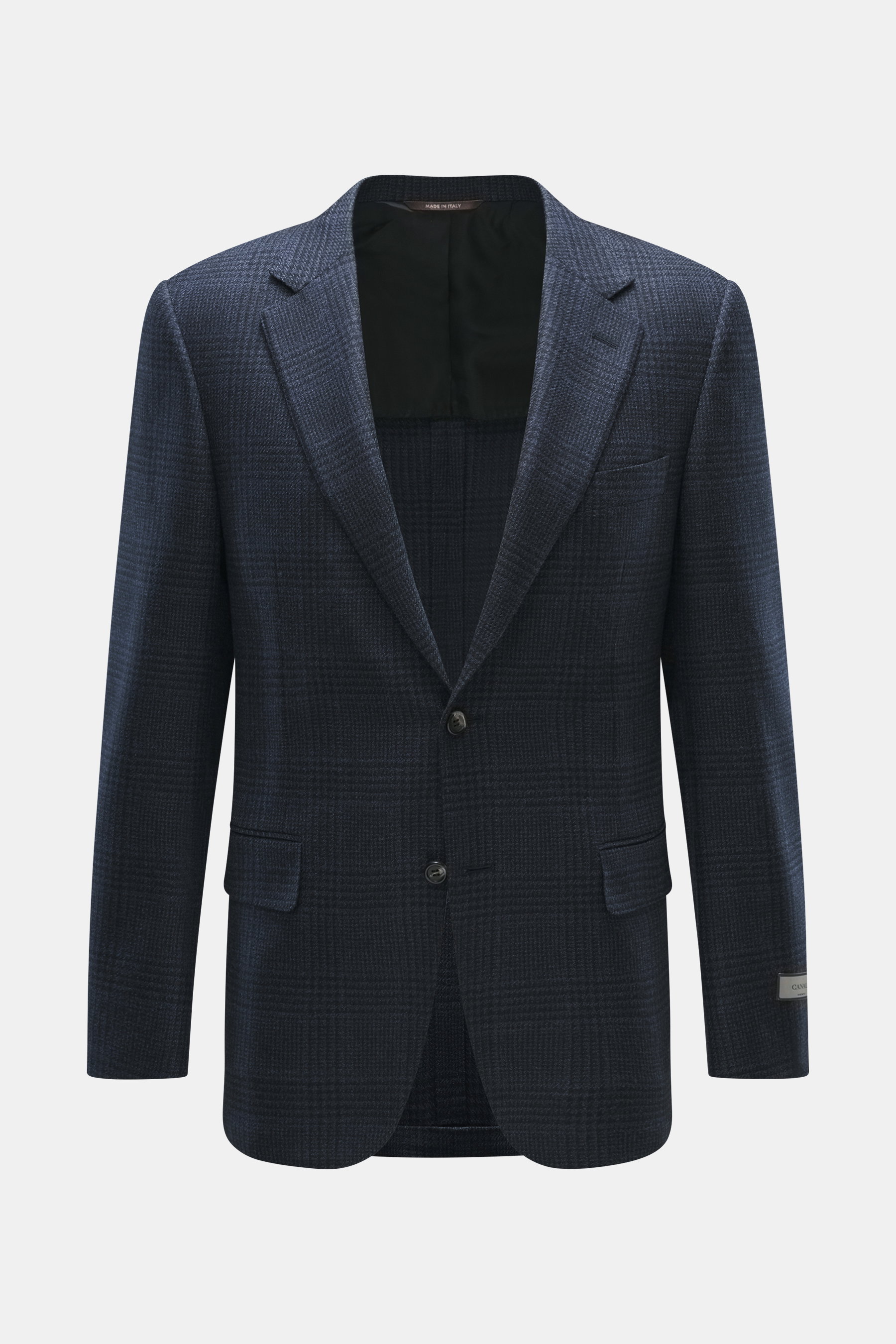 Canali Blazer navy/black checked viewed from the front, pure wool, Prince-of-Wales pattern, soft touch, slim fit, tailored two-button style, notched lapel, classic breast pocket, hip pockets with flap, unfinished sleeve cuffs, rear side vents, unconstruct