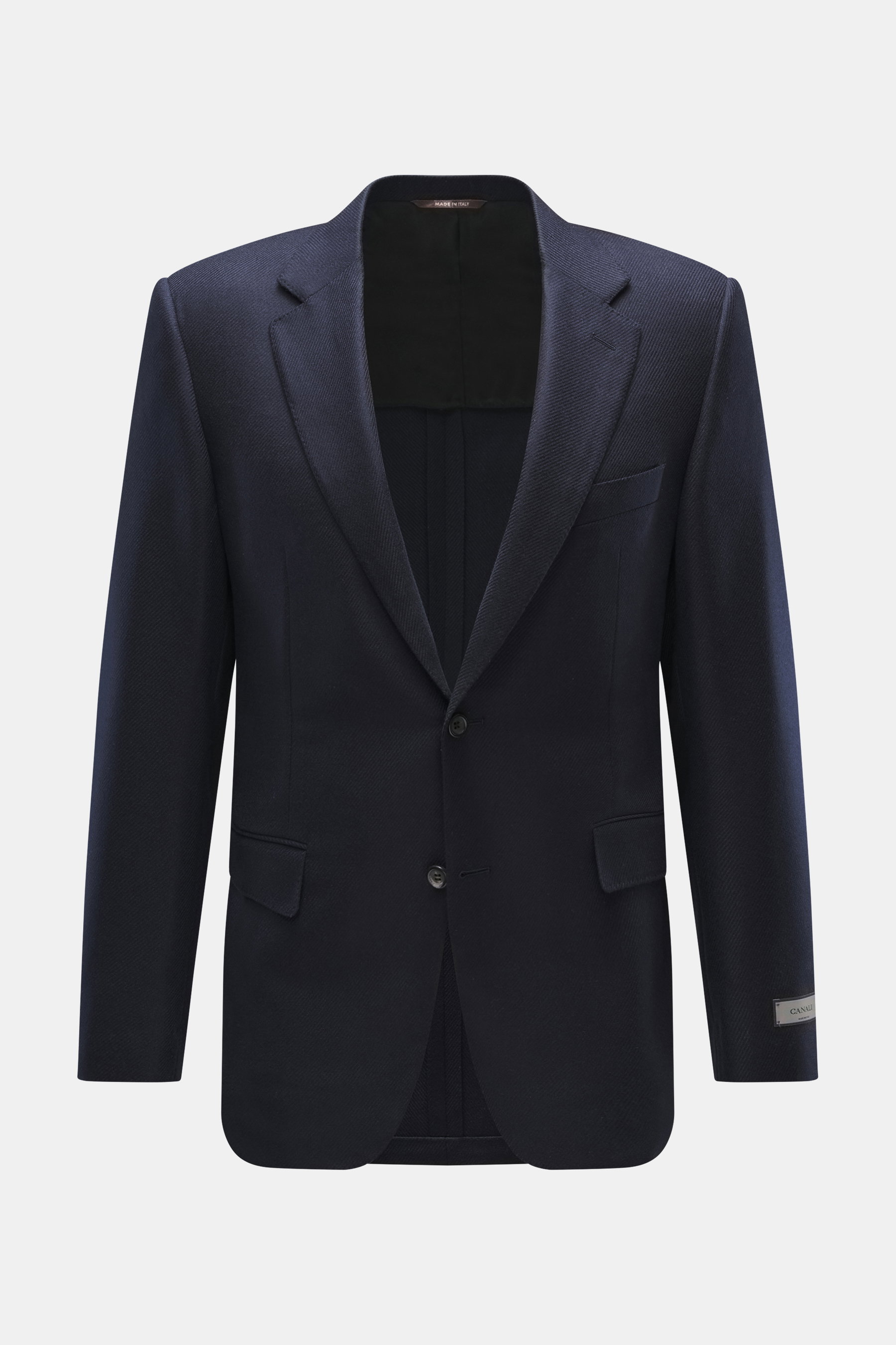 Canali Blazer navy front view in wool with silk, tonal woven pattern, soft touch, slim fit, tailored two-button style, notched lapel, classic breast pocket, hip pockets with flap, unfinished sleeve cuffs, rear side vents, unconstructed design, two inside 
