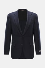Canali Blazer navy front view in wool with silk, tonal woven pattern, soft touch, slim fit, tailored two-button style, notched lapel, classic breast pocket, hip pockets with flap, unfinished sleeve cuffs, rear side vents, unconstructed design, two inside 