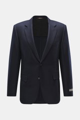 Canali Blazer navy front view in wool with silk, tonal woven pattern, soft touch, slim fit, tailored two-button style, notched lapel, classic breast pocket, hip pockets with flap, unfinished sleeve cuffs, rear side vents, unconstructed design, two inside 