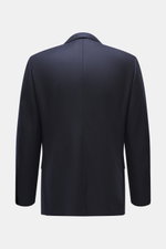 Canali Blazer navy shown from the back with wool and silk tonal woven pattern, soft touch, slim fit, tailored two-button style, notched lapel, classic breast pocket, hip pockets with flap, unfinished sleeve cuffs, rear side vents, unconstructed design, an