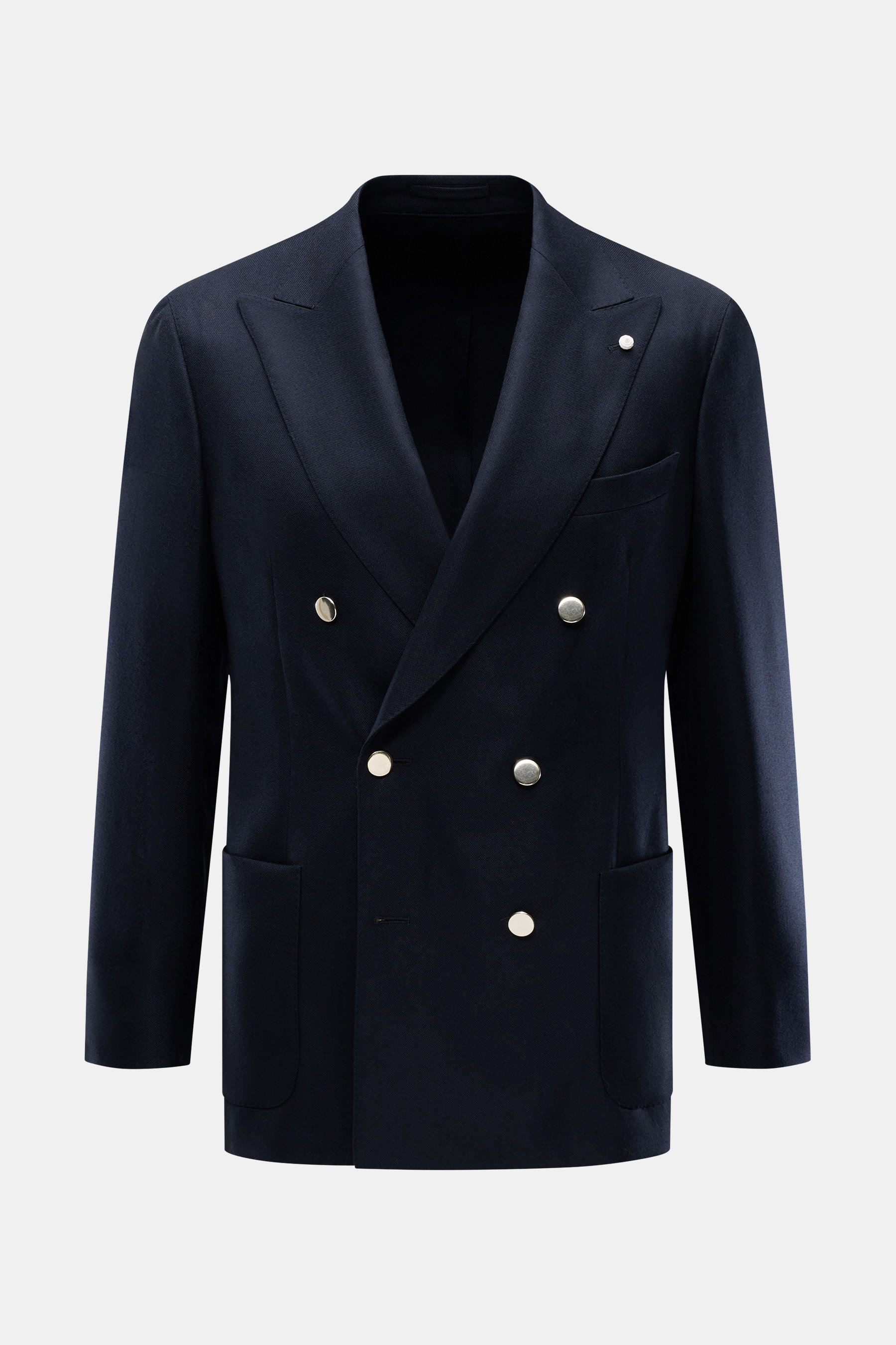 Luigi Bianchi Sakko navy in Slim Fit, zweireihig mit drei Knöpfen, Spitzrevers, Pin, Brusttasche, Hüfttaschen, halb gefüttert, aus reiner Schurwolle, frontal fotografiert.