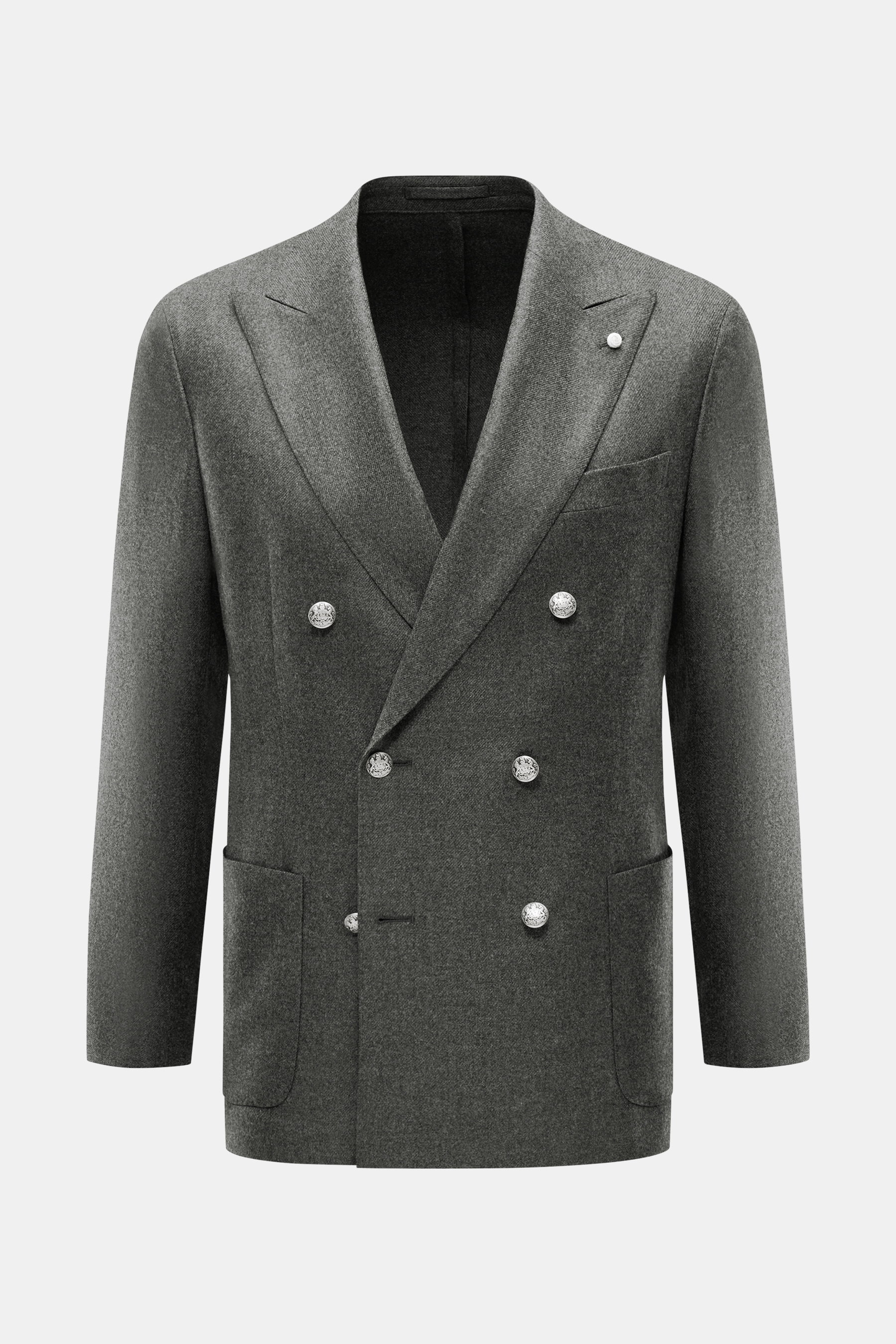 Luigi Bianchi Sakko dunkelgrau meliert, frontal fotografiert, zweireihig mit drei Knöpfen, Wappen-Emblem, Spitzrevers, Brust- und Hüfttaschen, Slim Fit, aus Schurwolle und Cashmere.