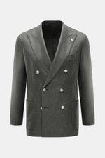 Luigi Bianchi Sakko dunkelgrau meliert, frontal fotografiert, zweireihig mit drei Knöpfen, Wappen-Emblem, Spitzrevers, Brust- und Hüfttaschen, Slim Fit, aus Schurwolle und Cashmere.